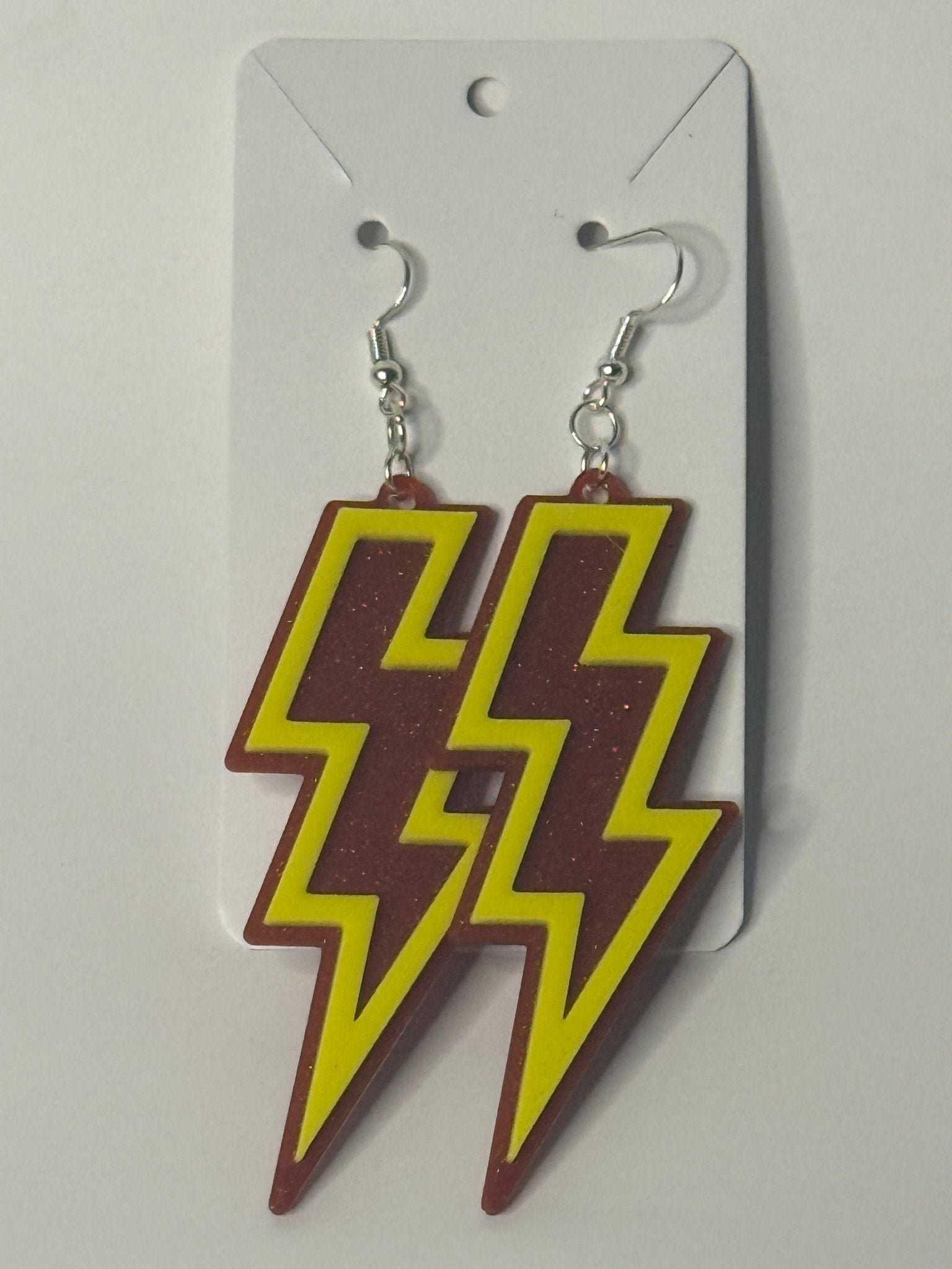 Lightning Bolt Statement Earrings – Maroon & Yellow - Stratus Forge Technologies